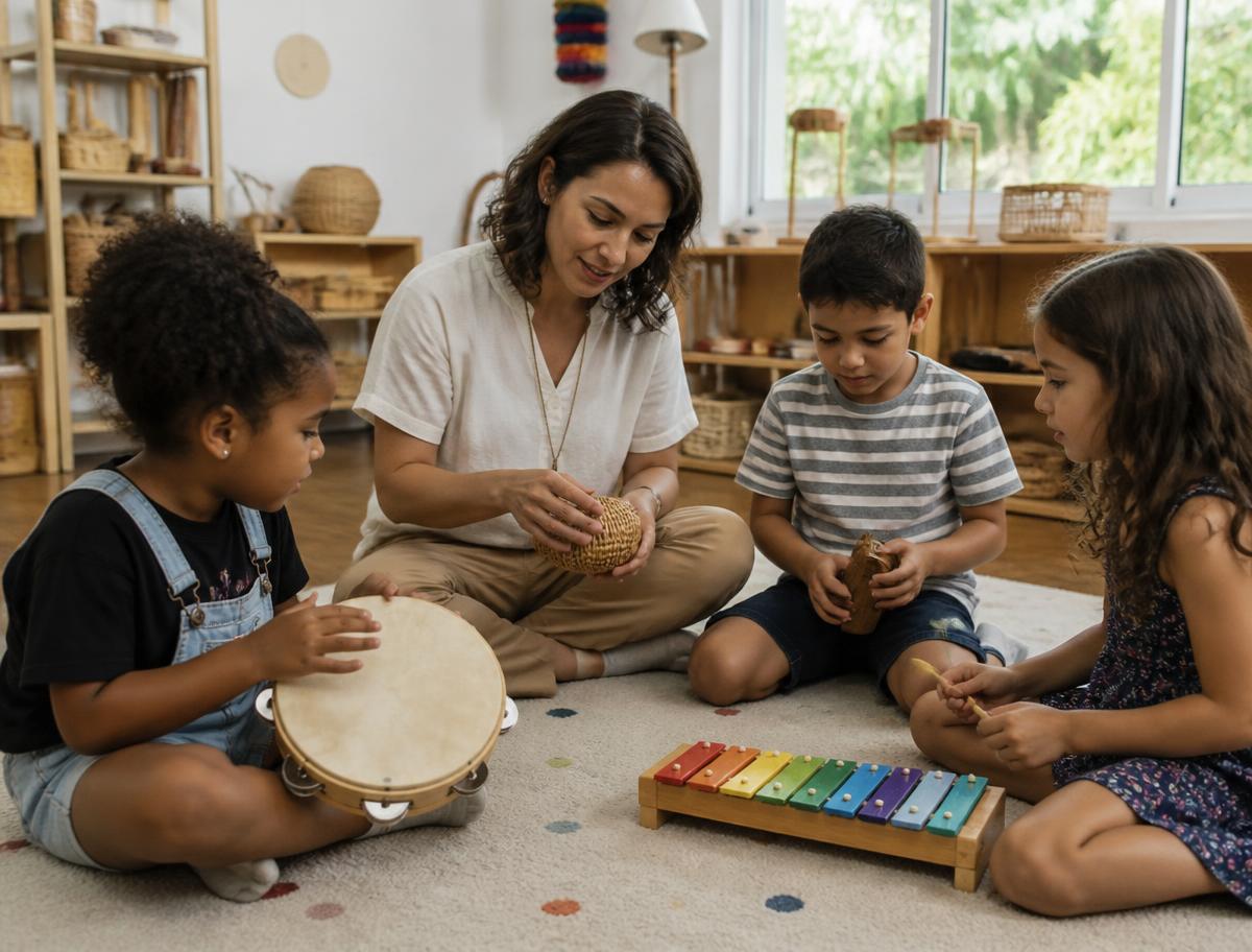 Professora conduzindo uma atividade de Musicoterapia com crianças brasileiras